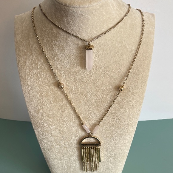 Unsigned Jewelry - Gold-Tone Rose Quartz Stone Layered Tassel Necklace
